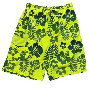 Canyon Creek Mens Sz Large Hawaiian Floral Swim Trunks Green Quick-Dry Pockets